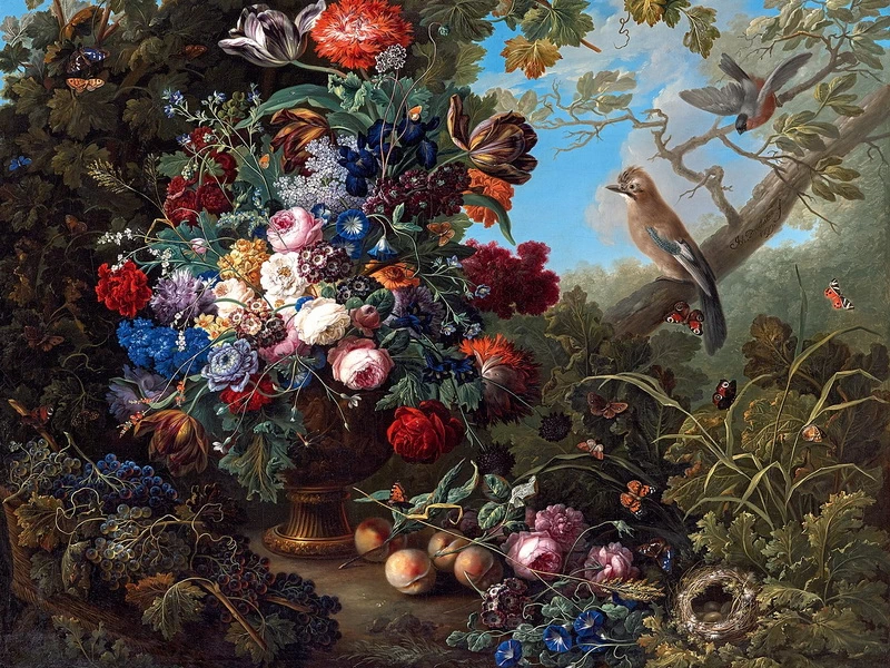 1766-Johann Baptist Drechsler - Natura morta floreale con uccelli - Galleria austriaca Belvedere, Vienna